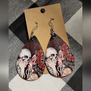 Double sided skull, sugar skull, day of the dead, faux leather earrings floral